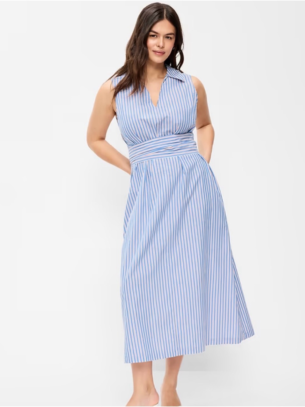 Old Navy Blue & White Striped Collared Midi Dress